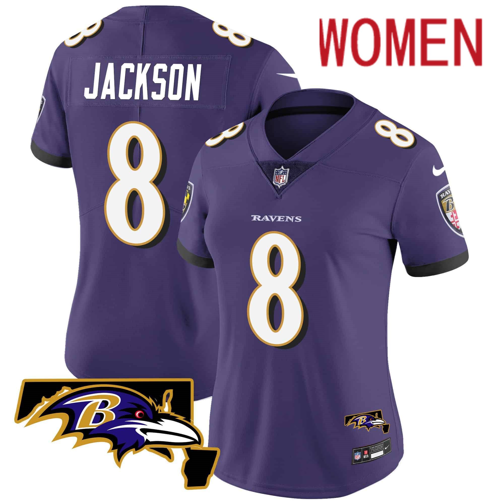 Women Baltimore Ravens #8 Jackson Purple 2024 Nike Maryland Patch Vapor Limited NFL Jersey style 1